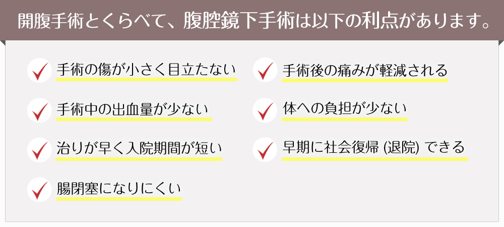開腹手術とくらべて、腹腔鏡下手術は以下の利点があります。